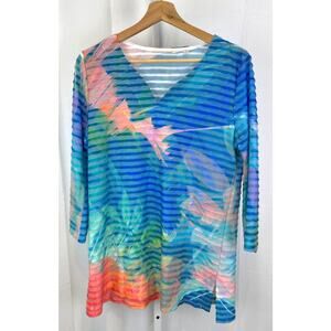SOFT SURROUNDINGS  M Color Study Pleated Tunic Top 3/4 Sleeve V Neck Blue Multi